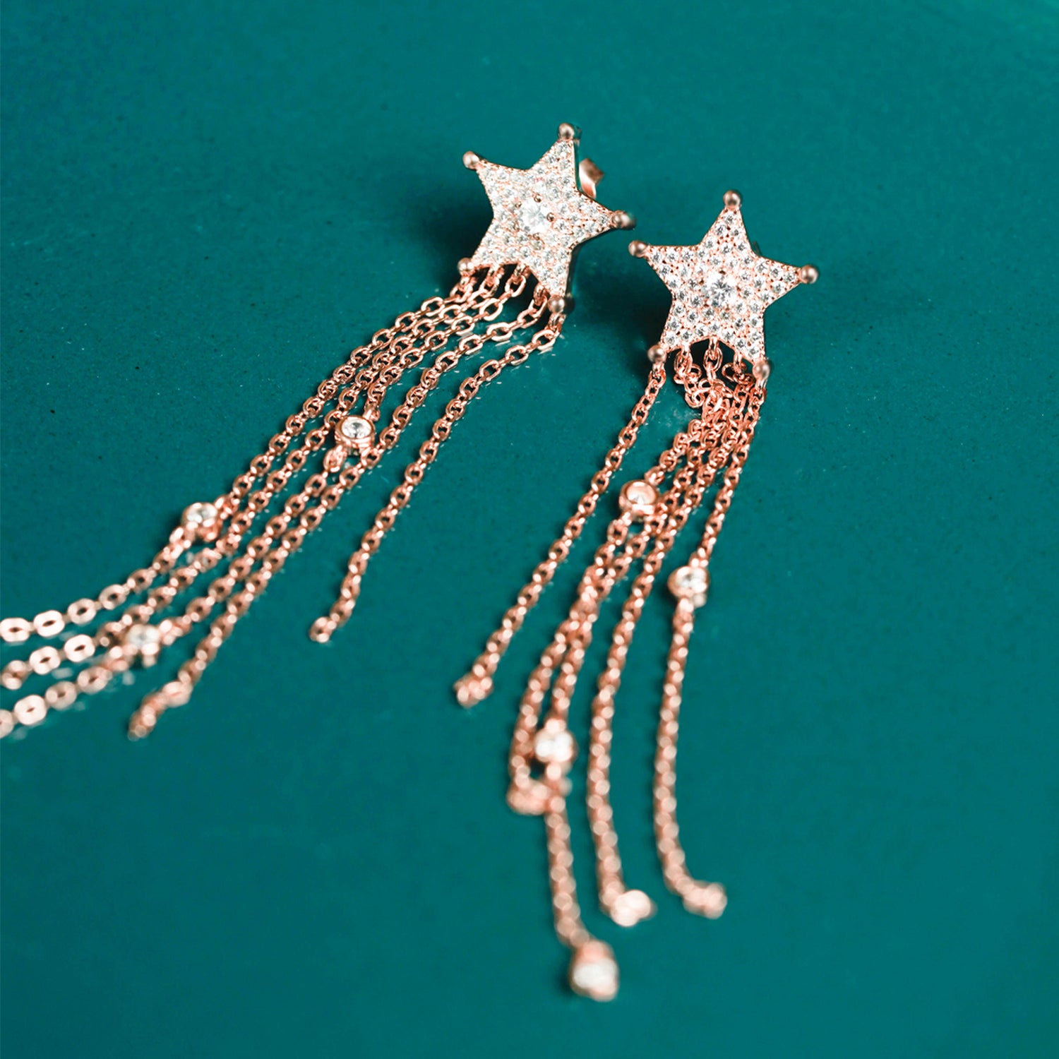 Silver Rose Gold Star Trail Chain Earrings