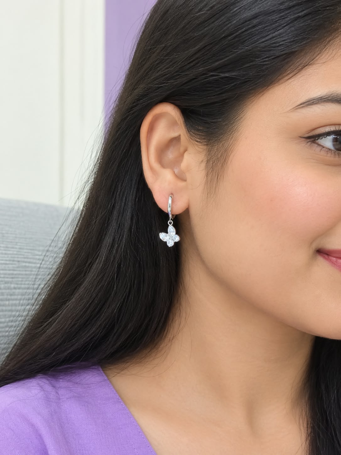 Silver Dangling Butterfly Charm Hoop Earrings