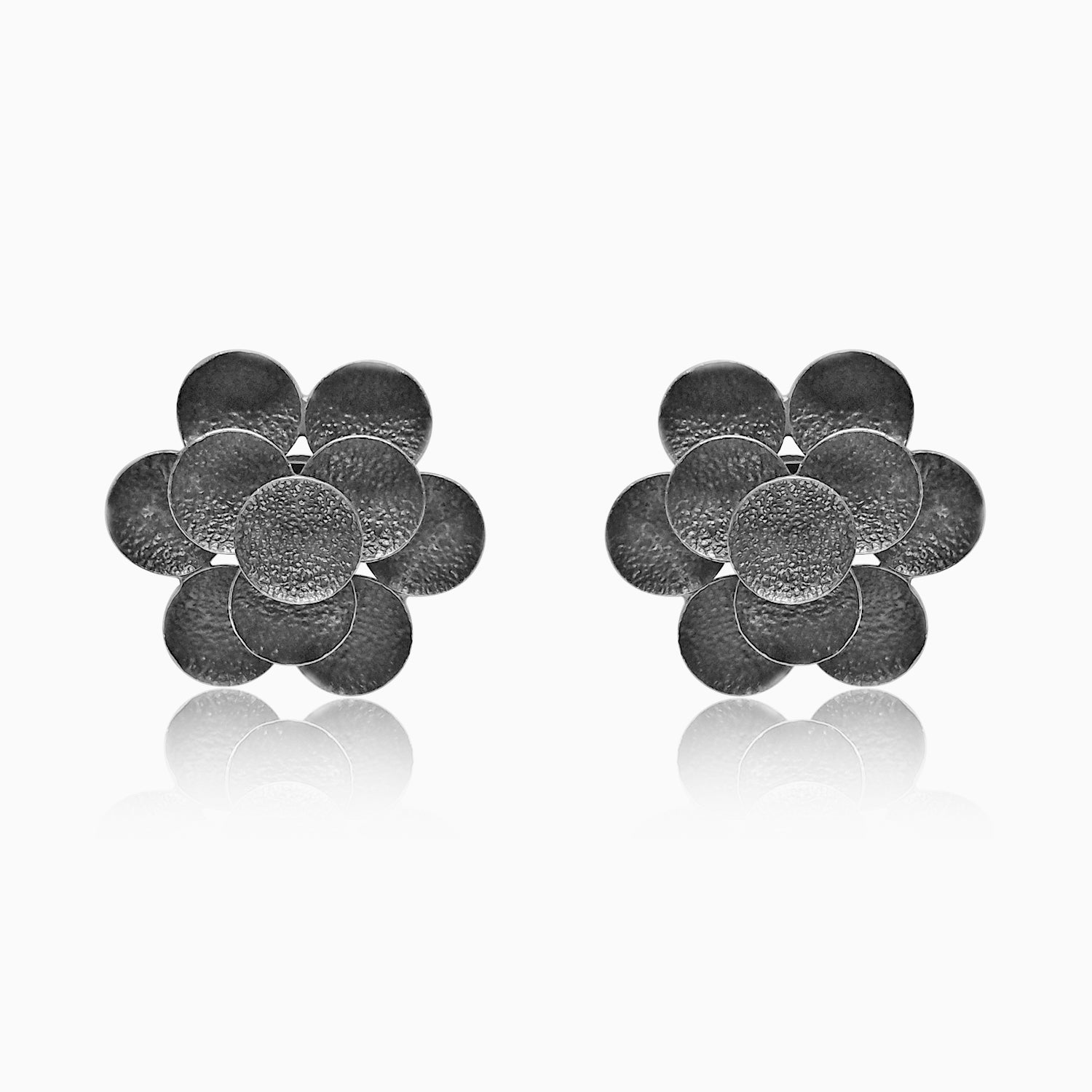 Silver Oxidised Textured Flower Stud Earrings