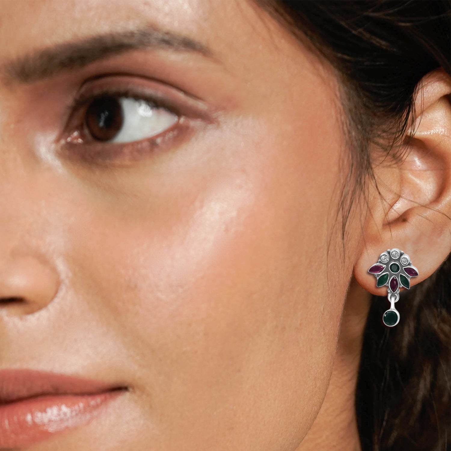 Silver Oxidized Multitone Gemstone Floral Celebration Dangling Earrings