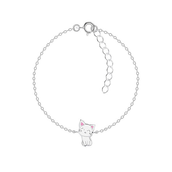A silver bracelet featuring a cute cat design, crafted with sterling silver and rhodium coating, intended for kids.
