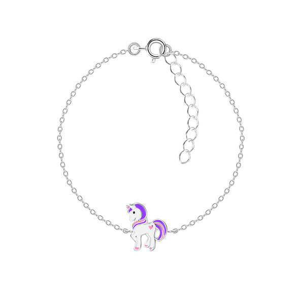 A silver kids' bracelet featuring a unicorn design with a rhodium E-coat to prevent tarnishing.