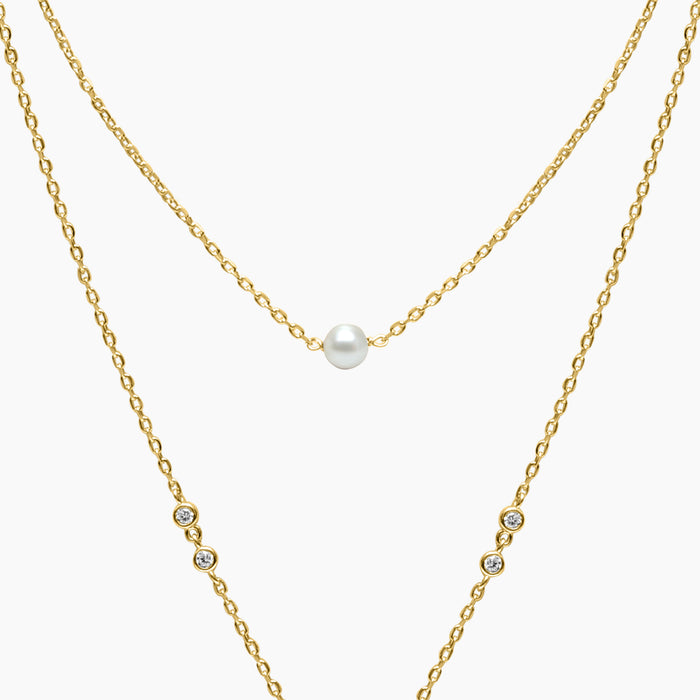 Silver Two Line Chain Zircon & Pearl Necklace