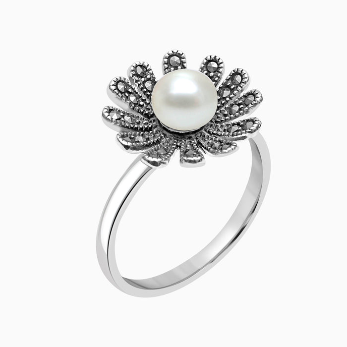 Silver Marcasite & Pearl Flower Ring
