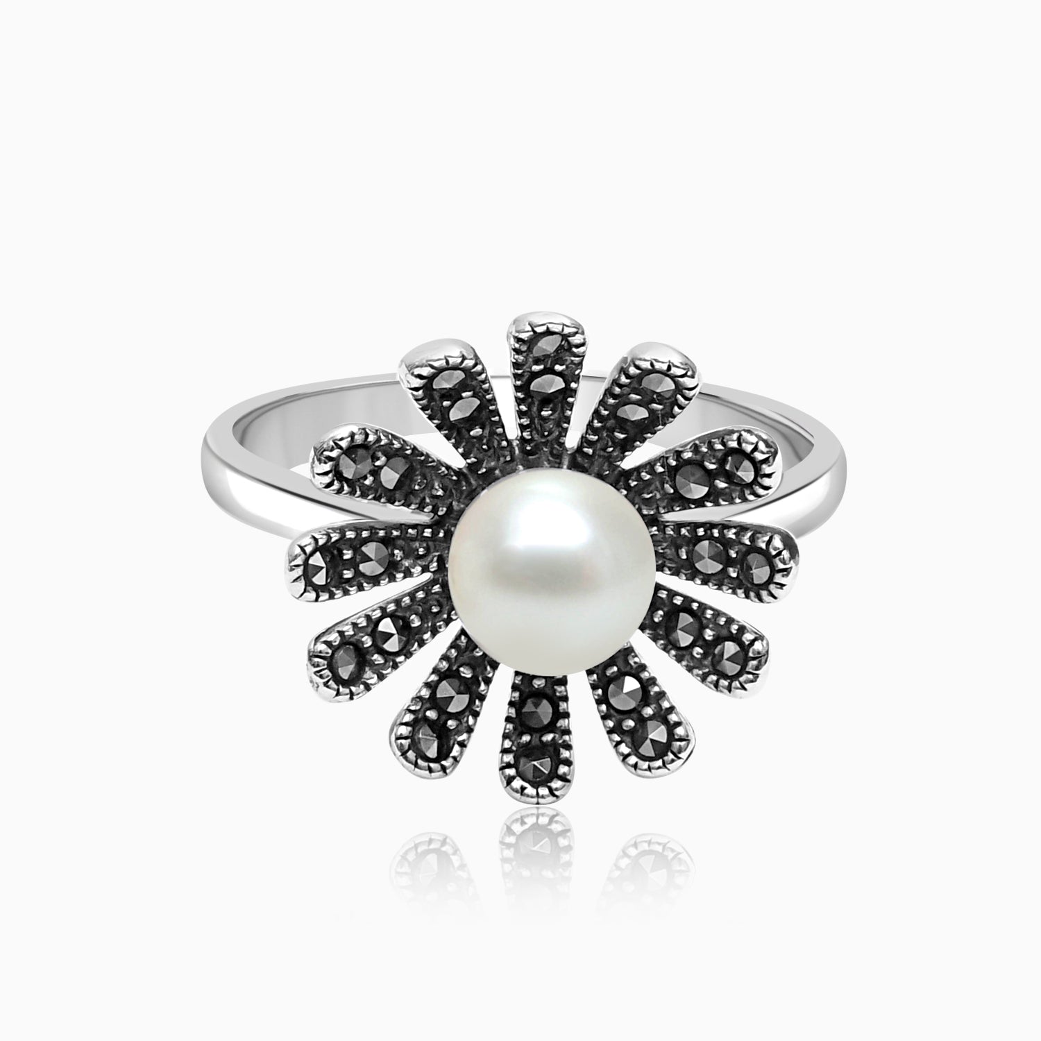 Silver Marcasite & Pearl Flower Ring