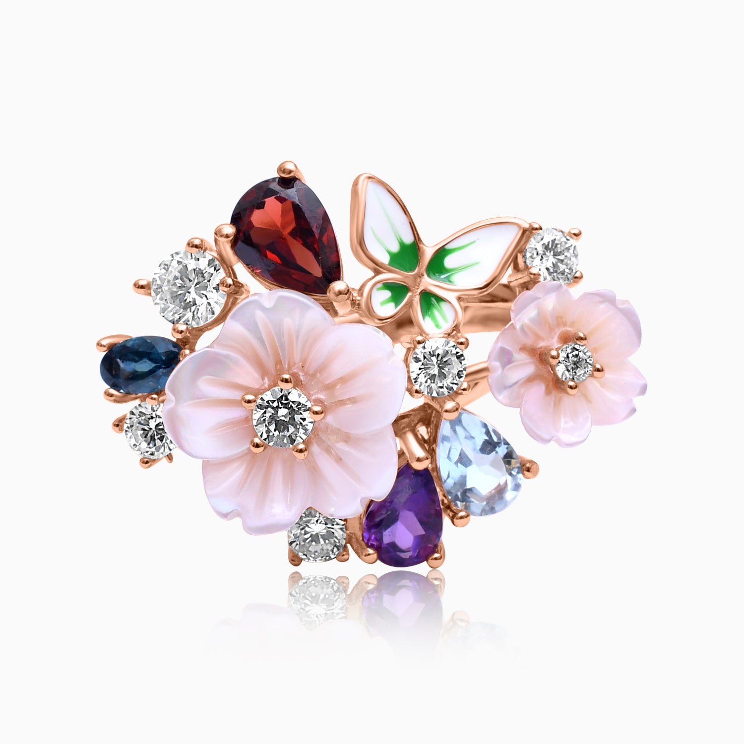 Silver Rose Gold Lush Butterfly & Floral Ring