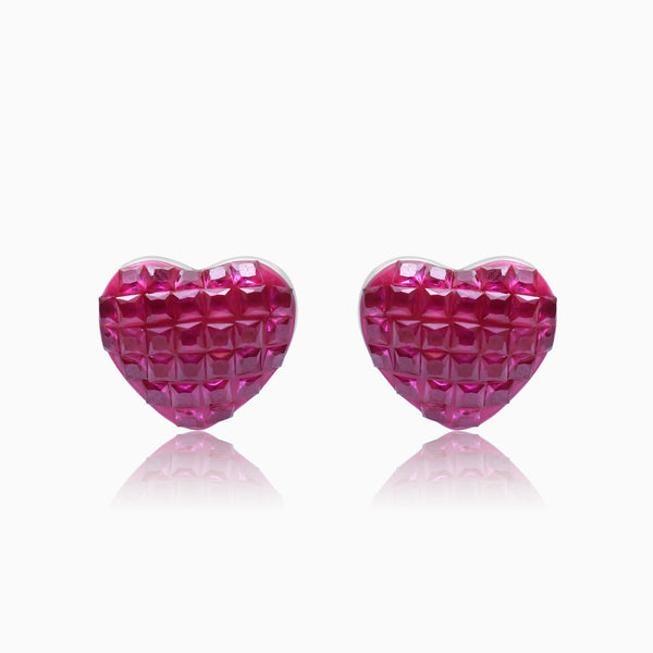 Silver Ruby Red Heart Earrings