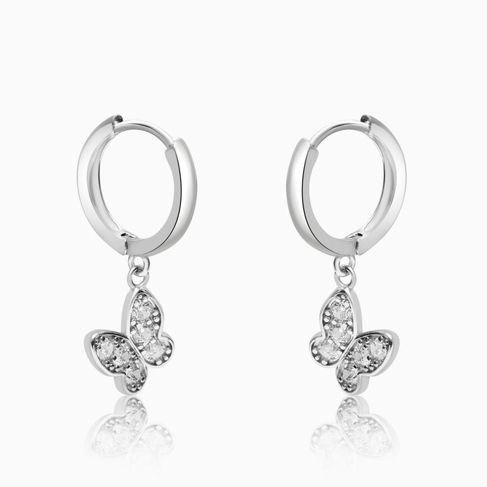 Silver Dangling Butterfly Charm Hoop Earrings