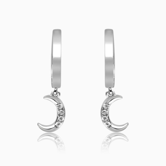 Silver Dangling Shimmer Moon Hoop Earrings