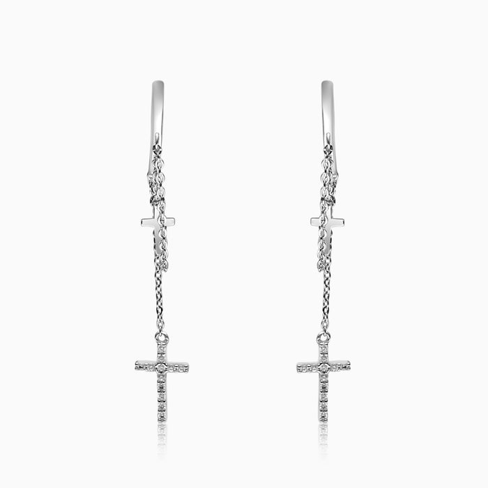 Silver Dangling Cross on Chain Hoop Earrings