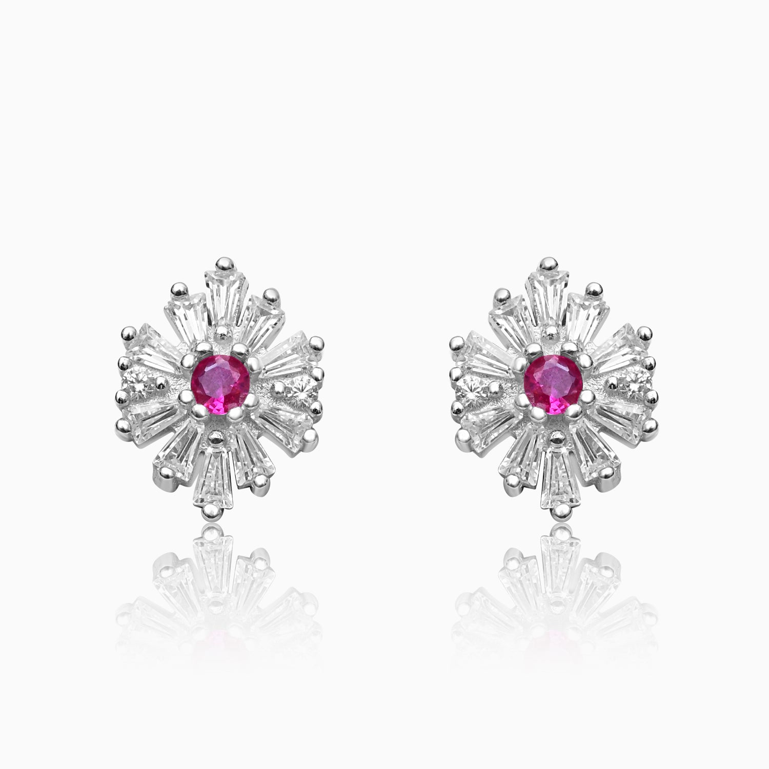 Silver Shimmer Ruby Red Daisy Flower Earrings