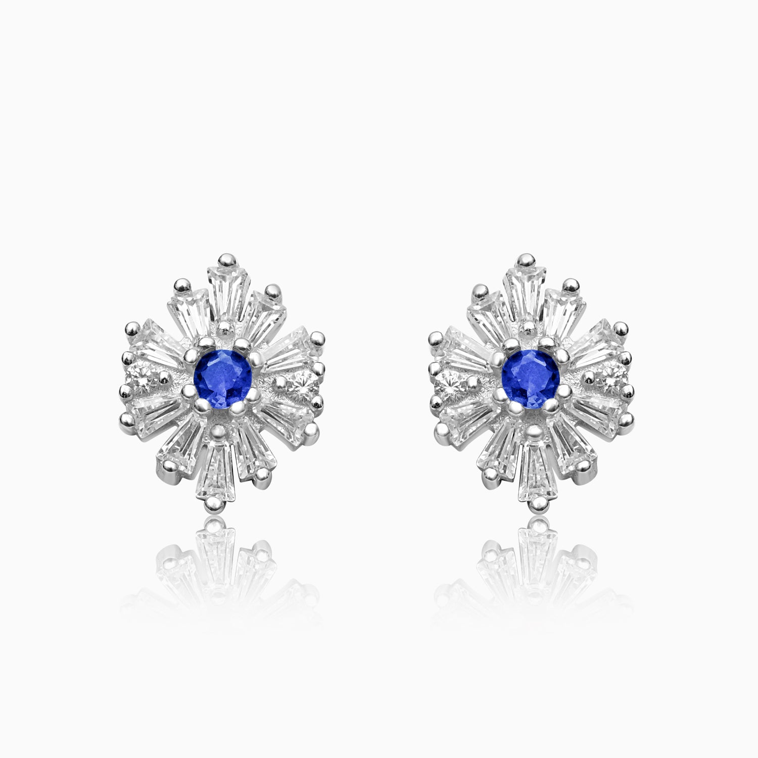 Silver Shimmer Sapphire Blue Daisy Flower Earrings