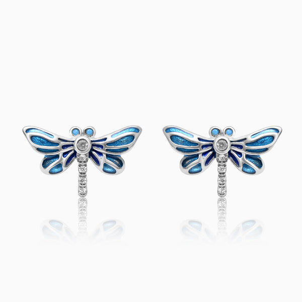 Silver Enamel Blue Drangonfly Earrings