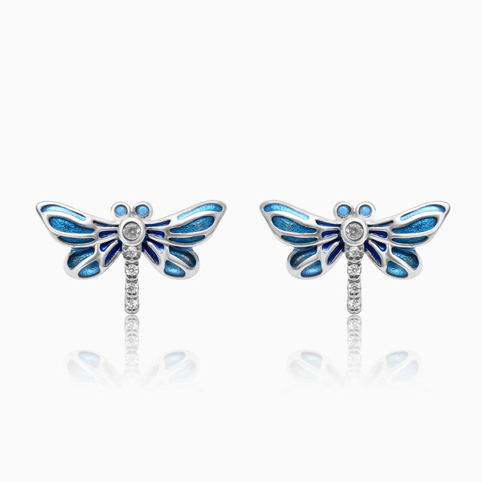 Silver Enamel Blue Drangonfly Earrings