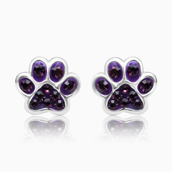 A pair of silver screw back earrings featuring a paw print design, with a rhodium coating to prevent tarnishing.
