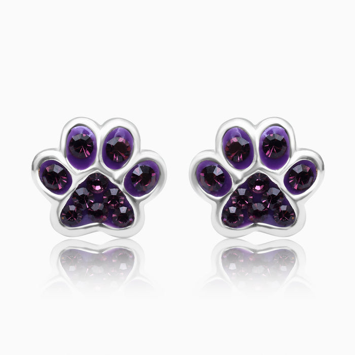 A pair of silver screw back earrings featuring a paw print design, with a rhodium coating to prevent tarnishing.