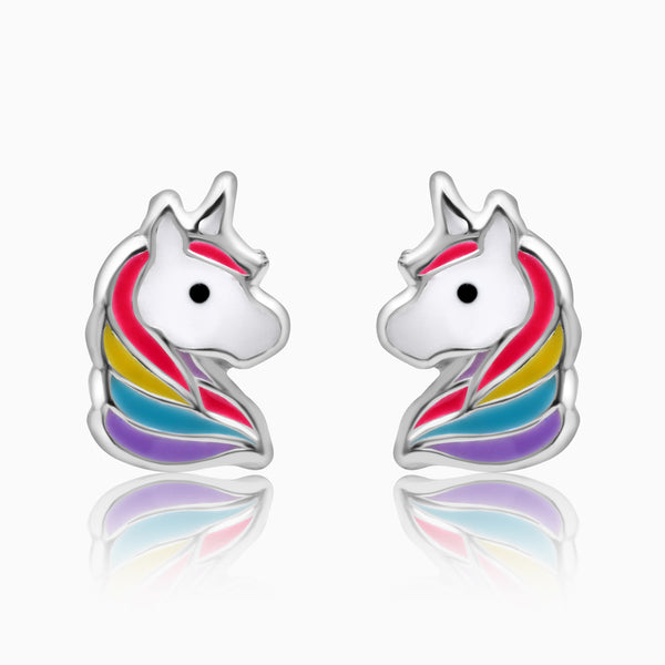 A pair of silver kids' screw back earrings featuring a rainbow unicorn pattern.