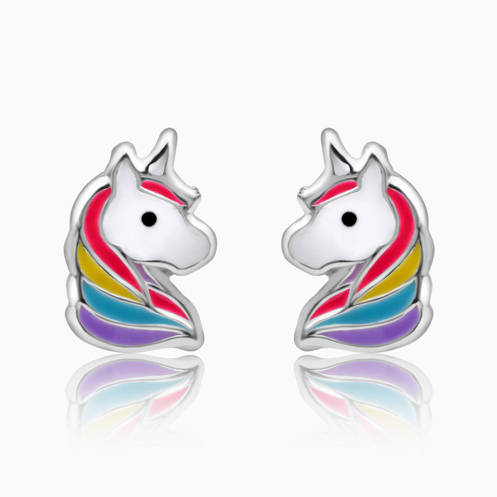 A pair of silver kids' screw back earrings featuring a rainbow unicorn pattern.