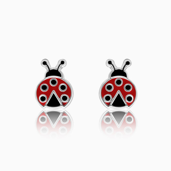 Silver Ladybug Stud Crew Back  Earrings