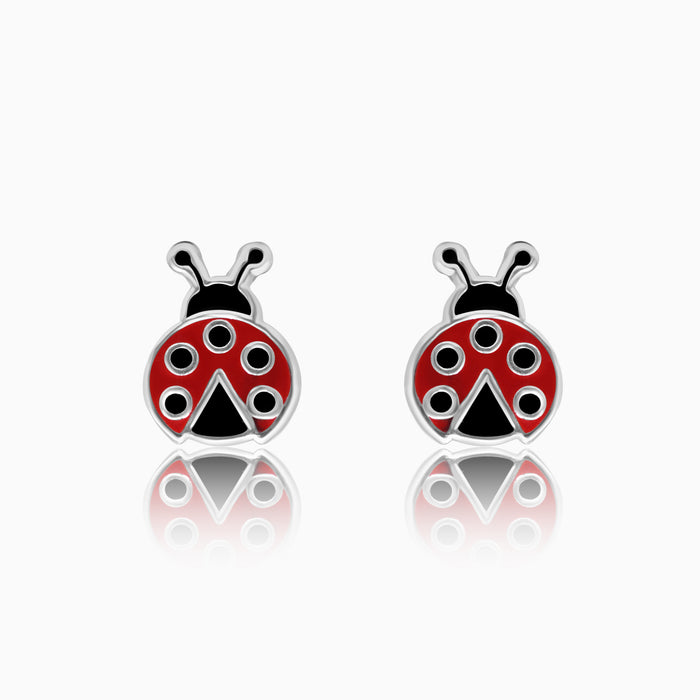 Silver Ladybug Stud Crew Back  Earrings