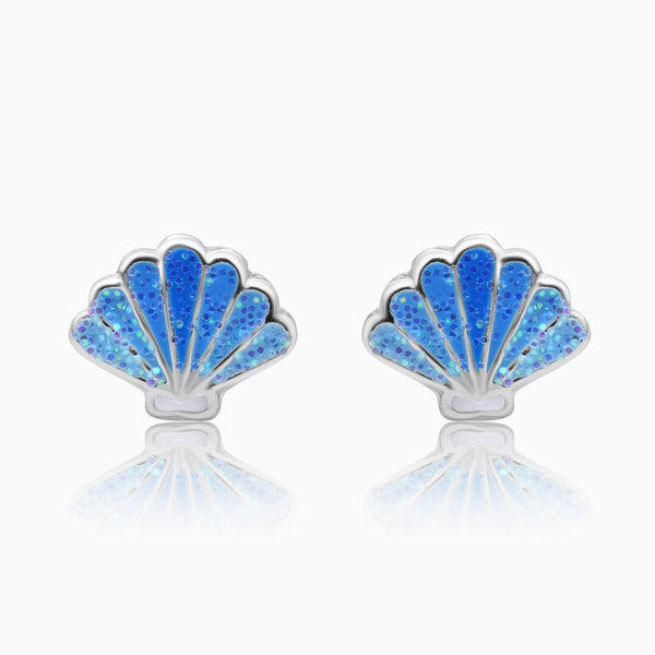 A pair of silver shell-shaped earrings with blue screw-back closures.