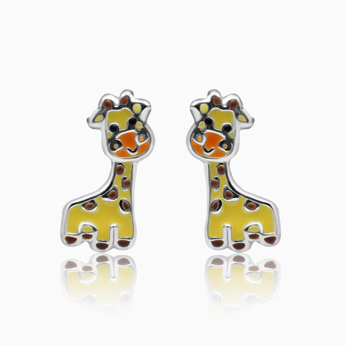 A pair of silver kids' giraffe earrings with intricate giraffe designs.