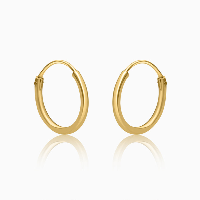 A pair of gold-colored hoop earrings on a white background