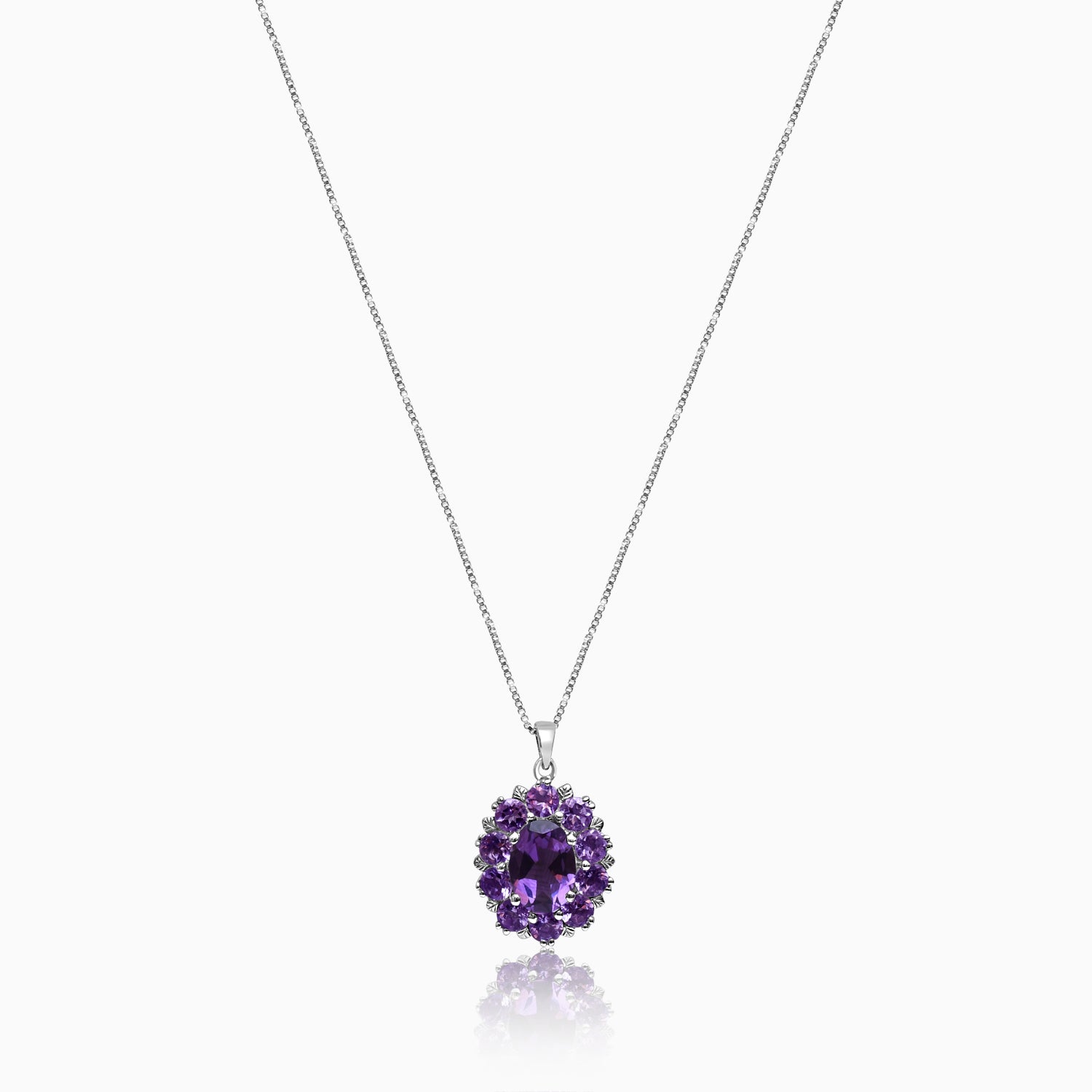 Silver Regal Floral Amethyst Pendant with Link Chain