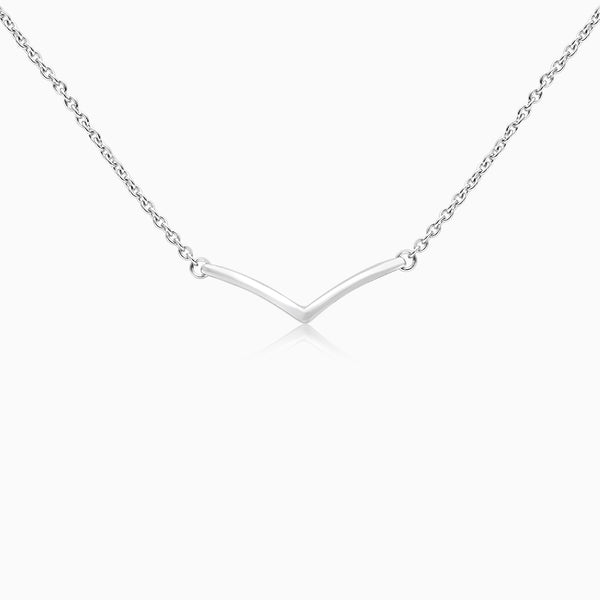 A silver necklace with a simple, elegant design featuring a bright finish.
