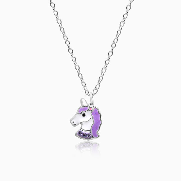 A silver necklace featuring a purple unicorn charm.