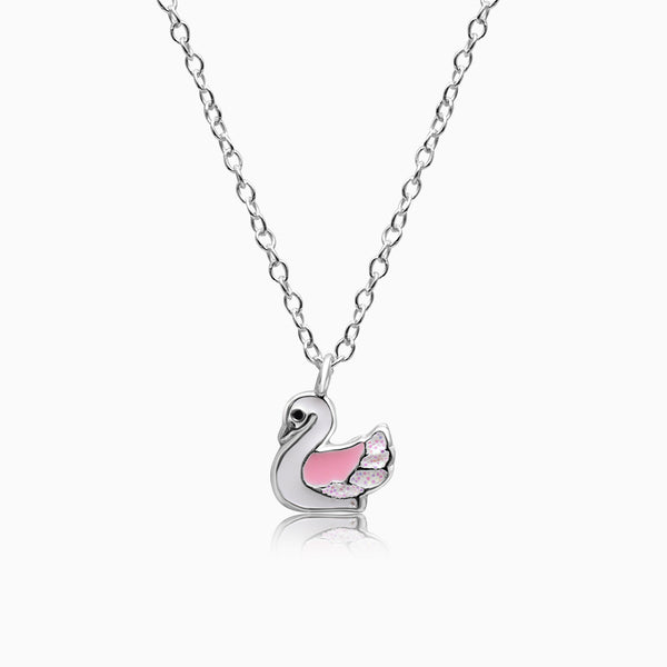A sterling silver necklace with a swan-shaped pendant, featuring a pink enamel detail on the pendant, displayed on a white background.