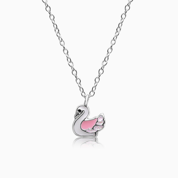 A sterling silver necklace with a swan-shaped pendant, featuring a pink enamel detail on the pendant, displayed on a white background.