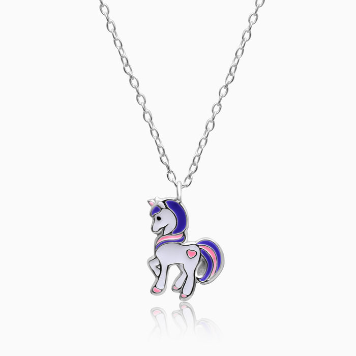 A silver necklace with a colorful unicorn pendant designed for kids.