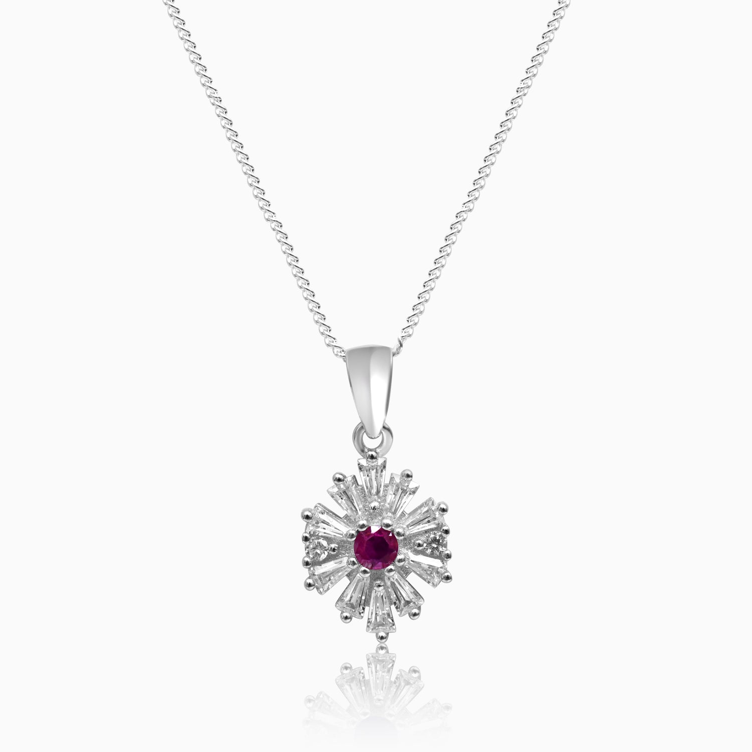 Silver Shimmer Ruby Red Daisy Flower Pendant