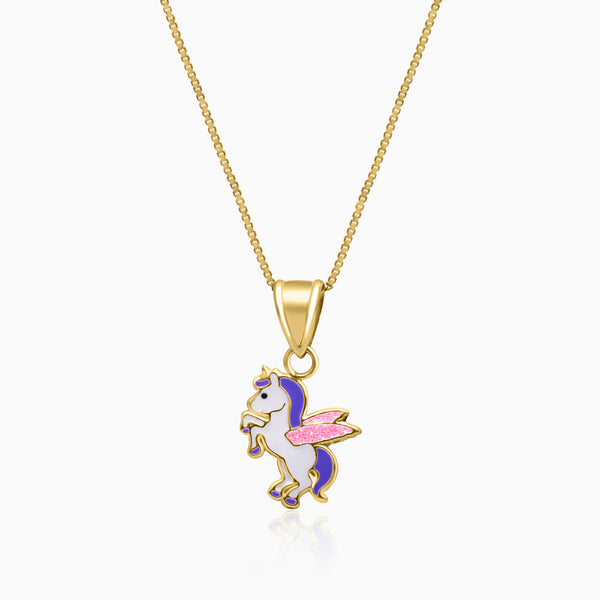 A silver and gold plated necklace with a unicorn charm, designed for kids.