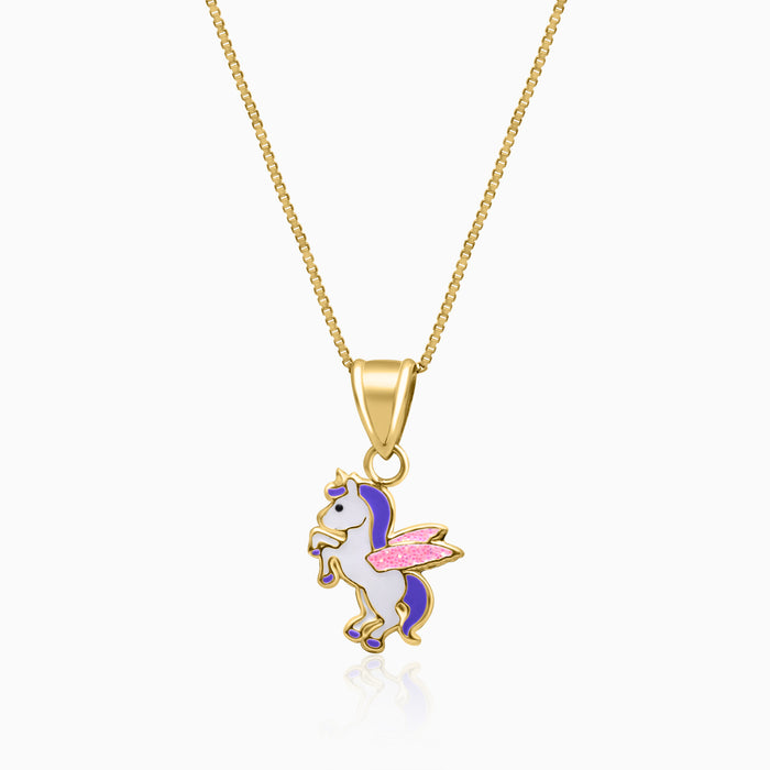 A silver and gold plated necklace with a unicorn charm, designed for kids.