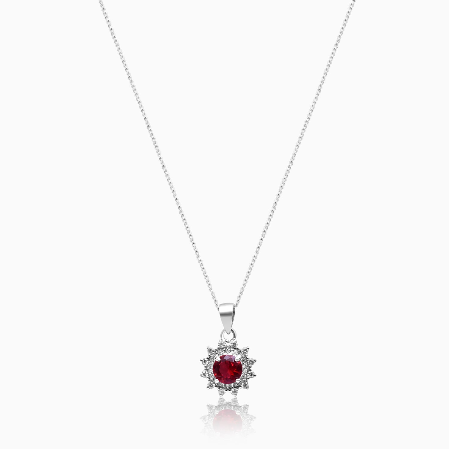 Silver Sparkling Ruby Red Pendant with Link Chain
