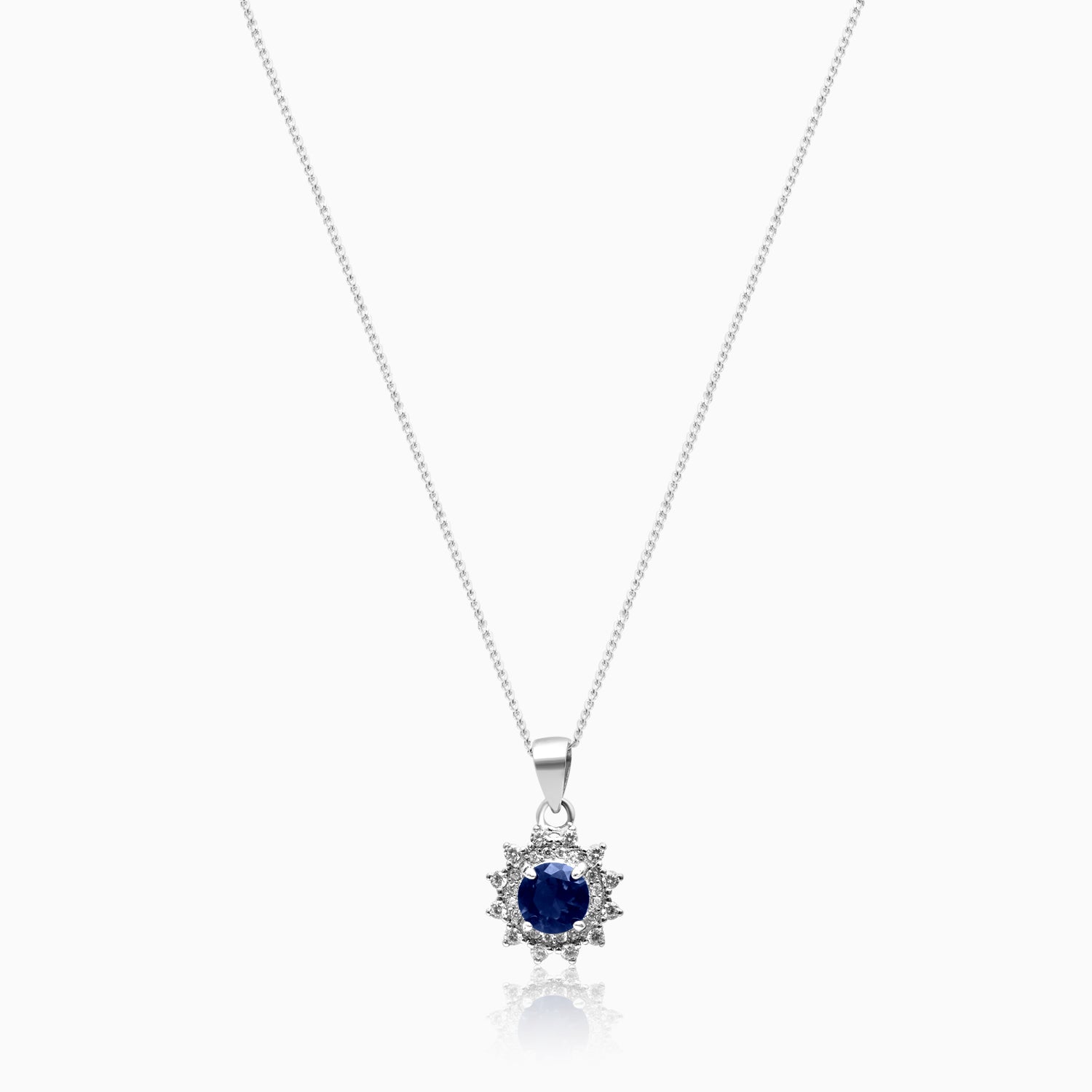 Silver Sparkling Sapphire Blue Pendant with Link Chain