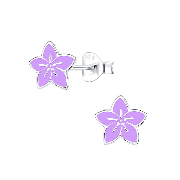 A pair of silver stud earrings with purple flower designs.