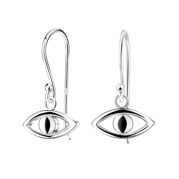 A pair of silver hook earrings with an evil eye design.
