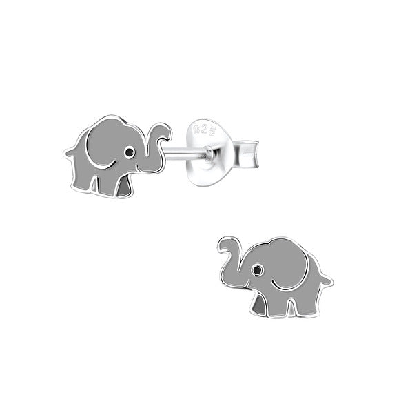 A pair of silver stud earrings featuring an elephant design, intended for kids.