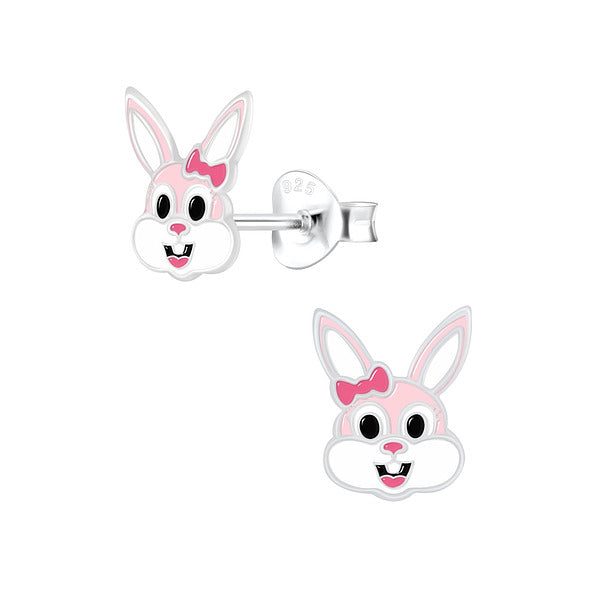 A pair of silver stud earrings designed in the shape of bunny faces with pink ears and white fur.