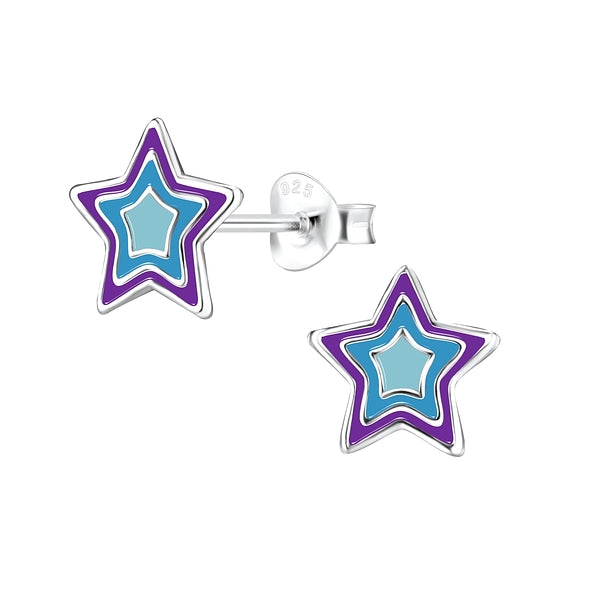 A pair of kids' stud earrings with a purple star design on a silver background