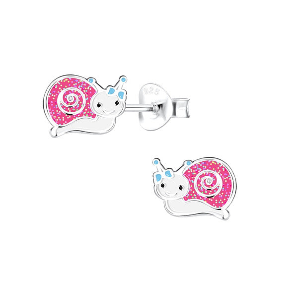 A pair of silver stud earrings designed as snails with pink shells and blue accents on the eyes and body.