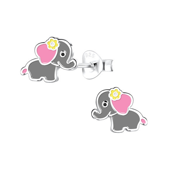 A pair of silver kids' earrings in the shape of elephants with pink accents and a yellow flower on the ear.