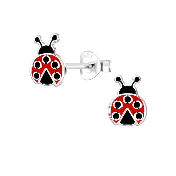 A pair of silver stud earrings featuring a ladybug design.