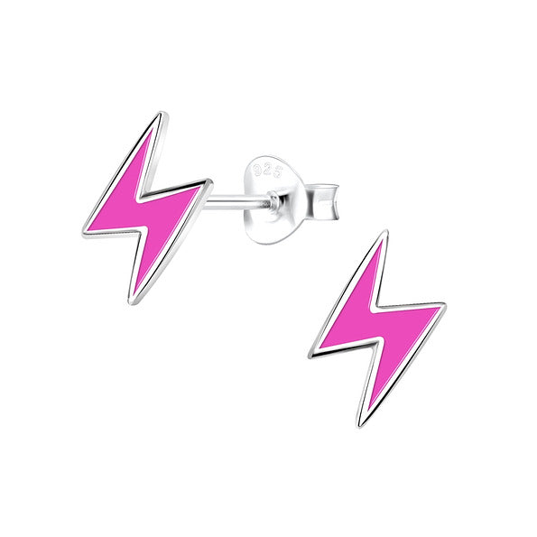 A pair of silver stud earrings with a pink thunderbolt design.