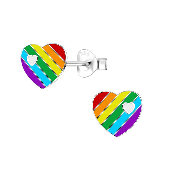 Silver Kids Rainbow Heart Stud Earrings