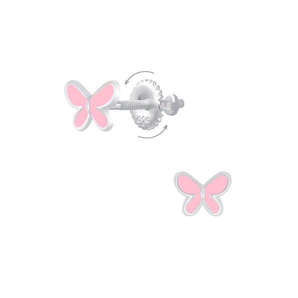 A pair of silver butterfly earrings with pink enamel details, designed for kids.