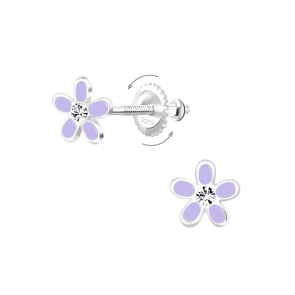 Silver Kids Flower Screw Back Earrings